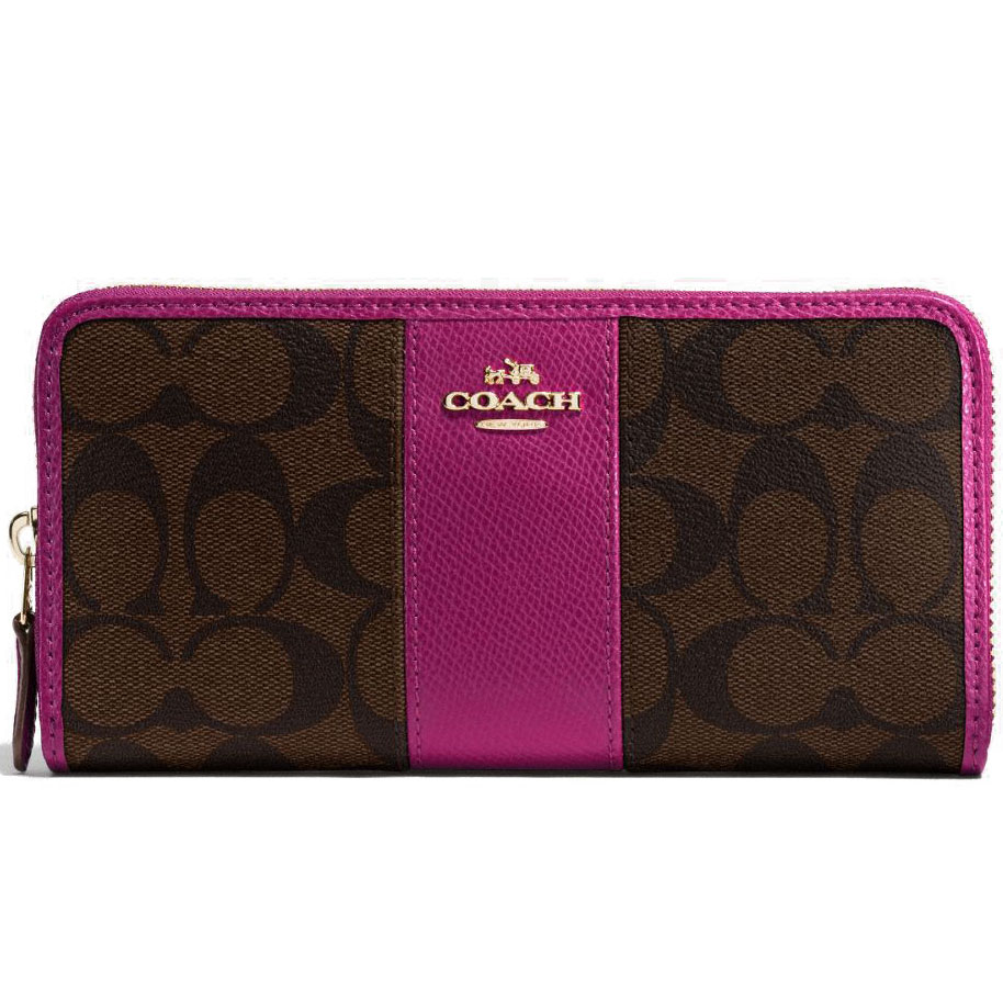 Coach Accordion Zip Wallet In Signature Coated Canvas With Leather Stripe Brown / Fuschia / Gold # F54630