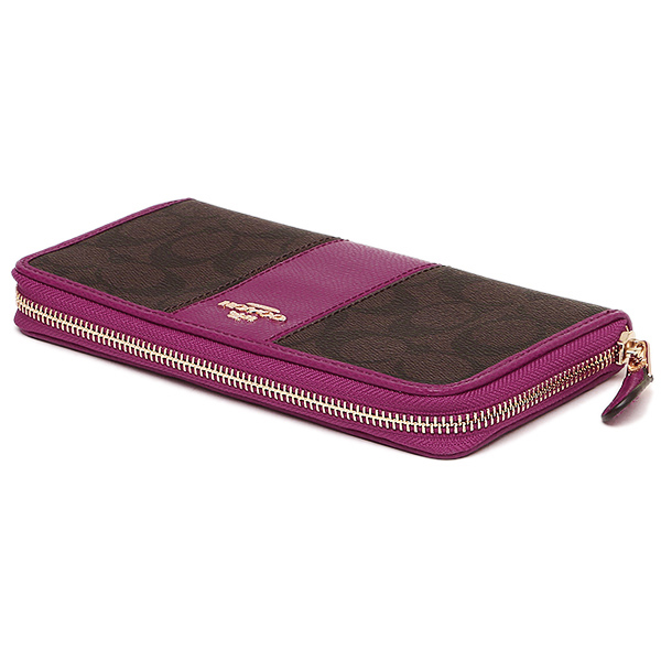 Coach Accordion Zip Wallet In Signature Coated Canvas With Leather Stripe Brown / Fuschia / Gold # F54630