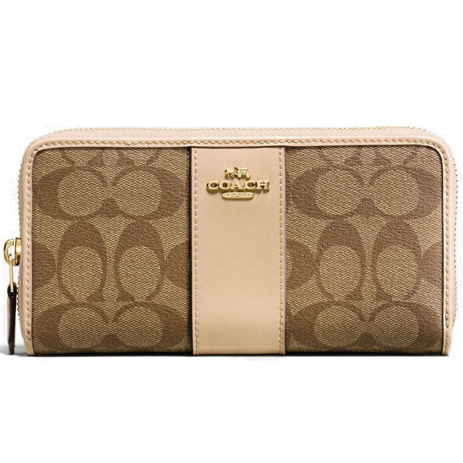 Coach Accordion Zip Wallet In Signature Coated Canvas With Leather Stripe Khaki Platinum Brown / Gol