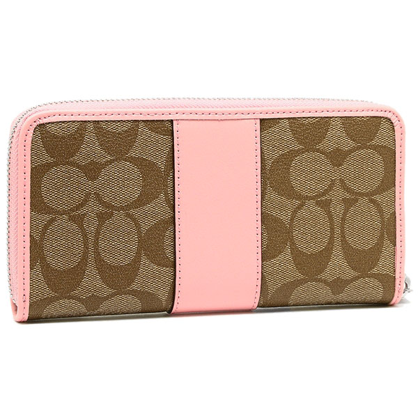 Coach Accordion Zip Wallet In Signature Coated Canvas With Leather Stripe Silver / Khaki Blush 2 # F54630