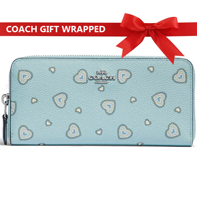 Coach Accordion Zip Wallet With Western Heart Print Light Turquoise Blue # 31588