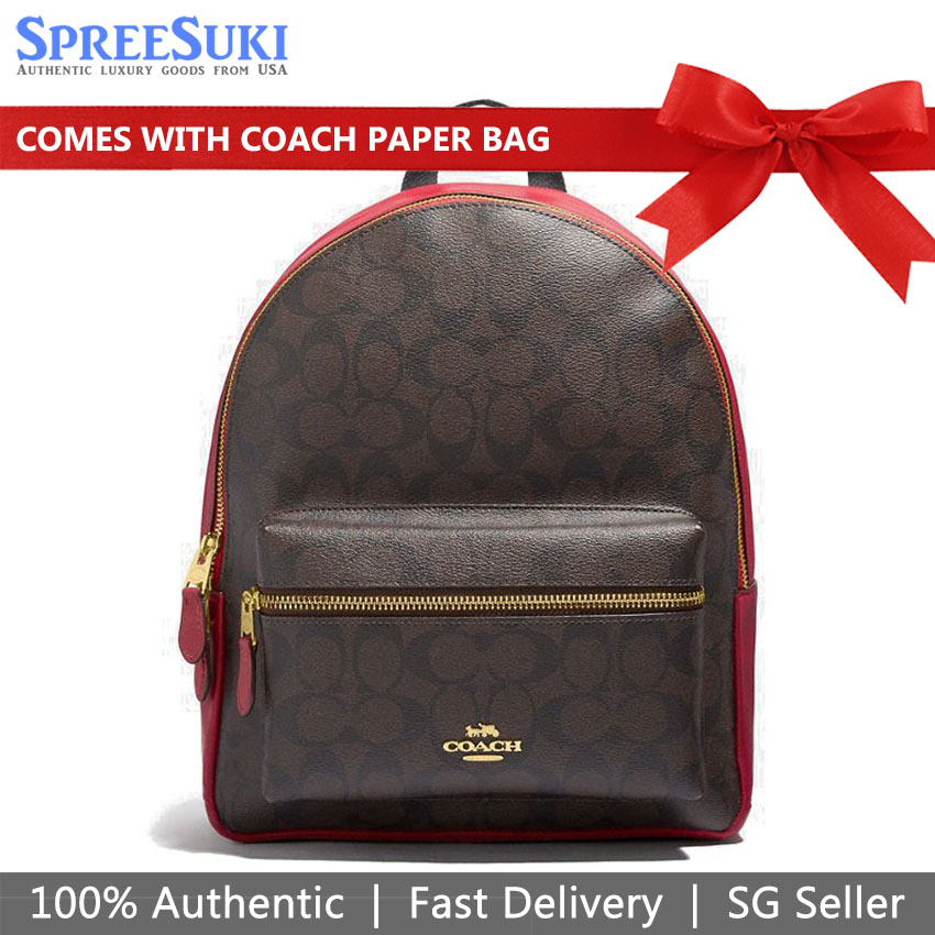 Coach Medium Charlie Backpack Signature Brown True Red # F32200