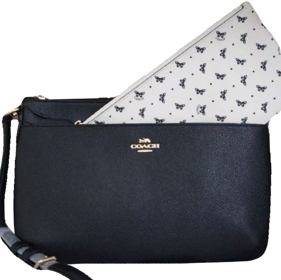 Coach Butterfly Dot East / West Crossbody With Pop-Up Pouch In Crossgrain Leather Black Chalk # F29805