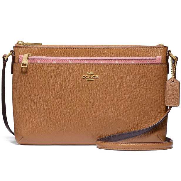 Coach Crossbody Bag Butterfly Dot East / West Crossbody With Pop-Up Pouch In Crossgrain  Brown Blush Pink # F29805