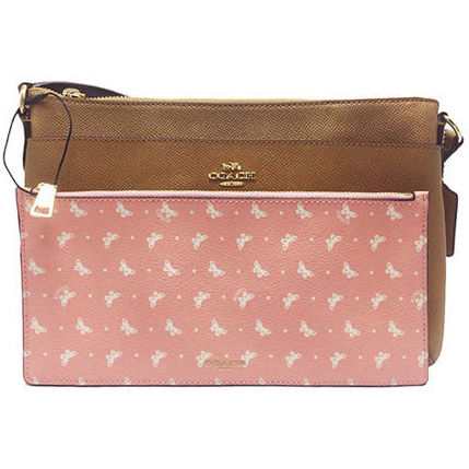 Coach Crossbody Bag Butterfly Dot East / West Crossbody With Pop-Up Pouch In Crossgrain  Brown Blush Pink # F29805
