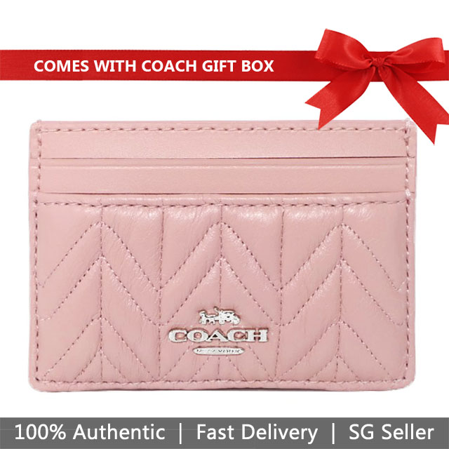 Coach Card Case In Gift Box Card Case With Quilting Carnation Pink / Silver # F73000