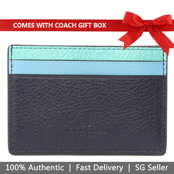 Coach Card Case In Gift Box Flat Card Case In Grain Leather With Rainbow Blue Multi # F11739