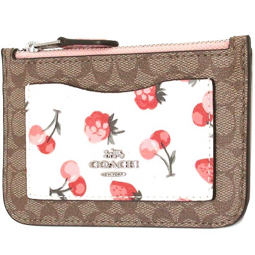 Coach Card Case In Gift Box Zip Top Card Case In Signature Canvas With Fruit Print Khaki Multi / Silver # F59172