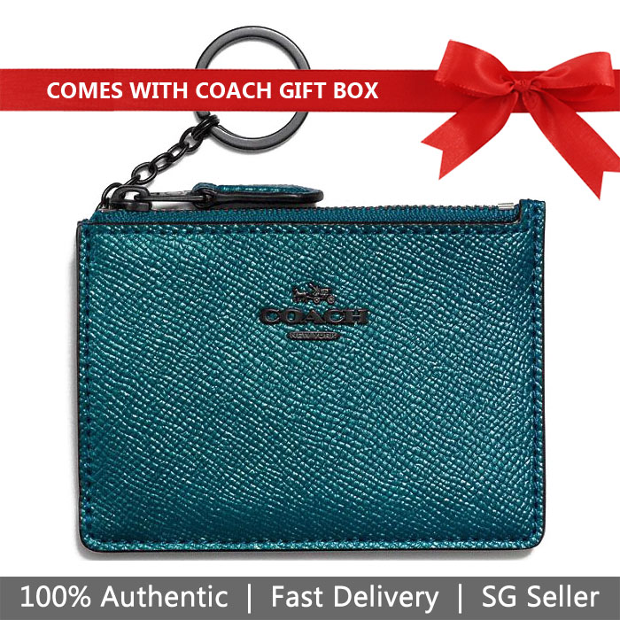 Coach Card Key Case In Gift Box Mini Id Skinny Key Ring Metallic Mineral Blue # 87077