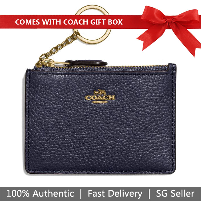 Coach Card Key Case In Gift Box Mini Id Skinny Key Ring Navy Dark Blue # 14469B