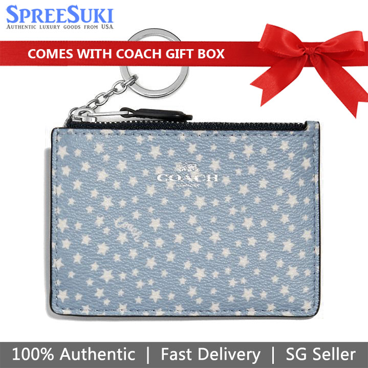Coach Card Key Case In Gift Box Mini Skinny Id Case With Ditsy Star Print Blue # F67611