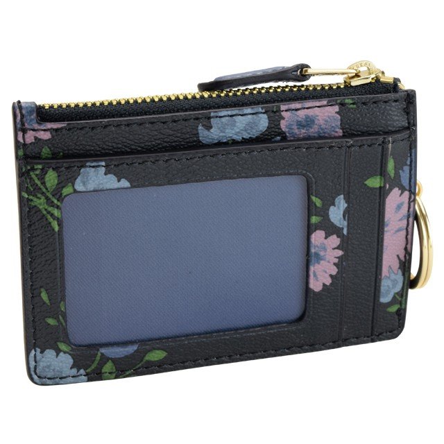 Coach Card Key Case In Gift Box Mini Skinny Id Case With Painted Peony Print Navy Dark Blue # F73349