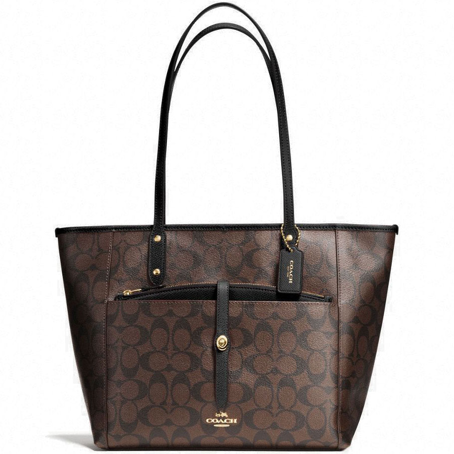 Coach City Tote With Pouch In Signature Shoulder Bag Black / Brown # F54700