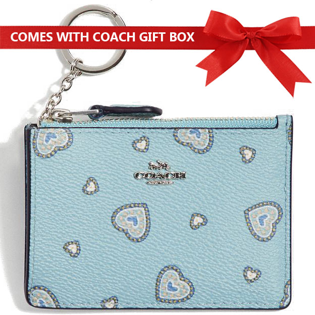 Coach Coin Case Card Case Mini Id Skinny Coin Case Light Turquoise Blue Western Heart # 29905
