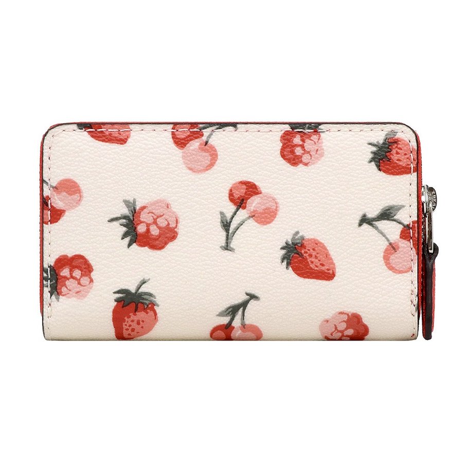 Coach Coin Case In Gift Box Small Double Zip Coin Case With Fruit Print Chalk White # F23677