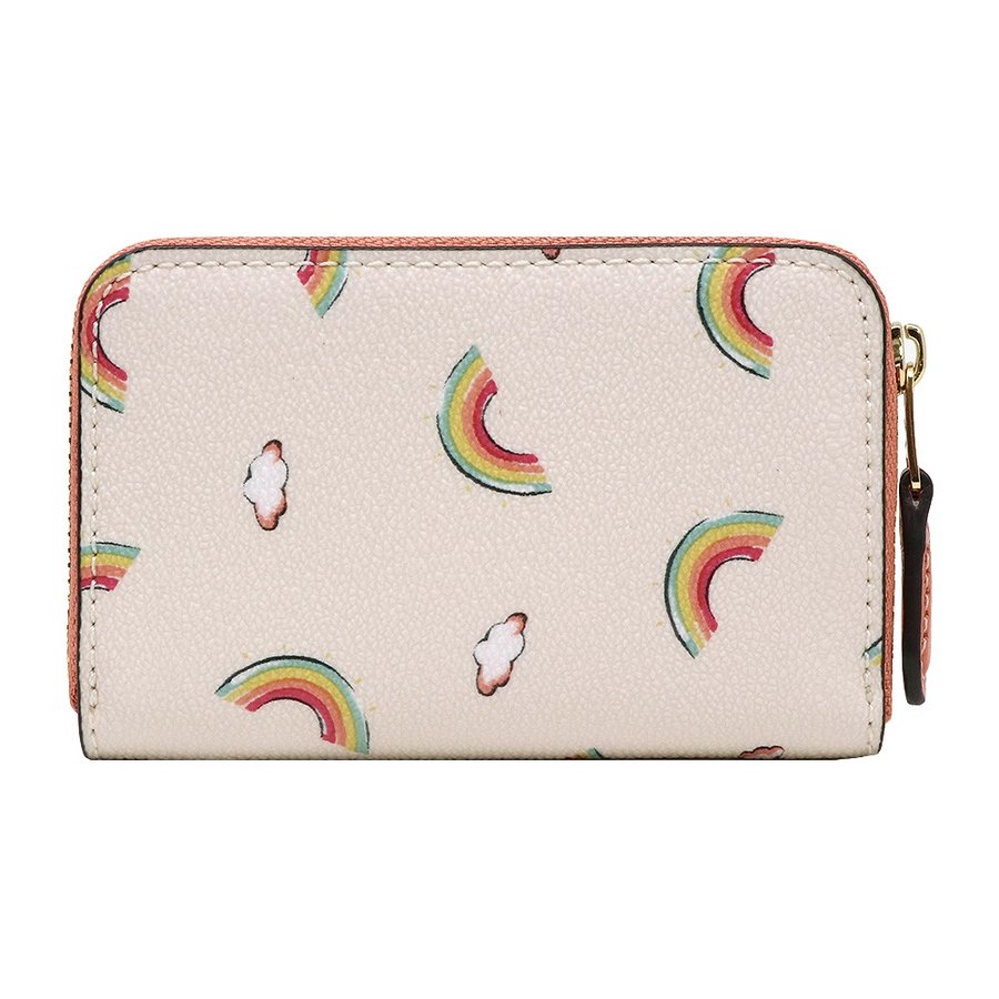 Coach Coin Case In Gift Box Small Zip Around Coin Case With Allover Rainbow Print Chalk Off White # F73474