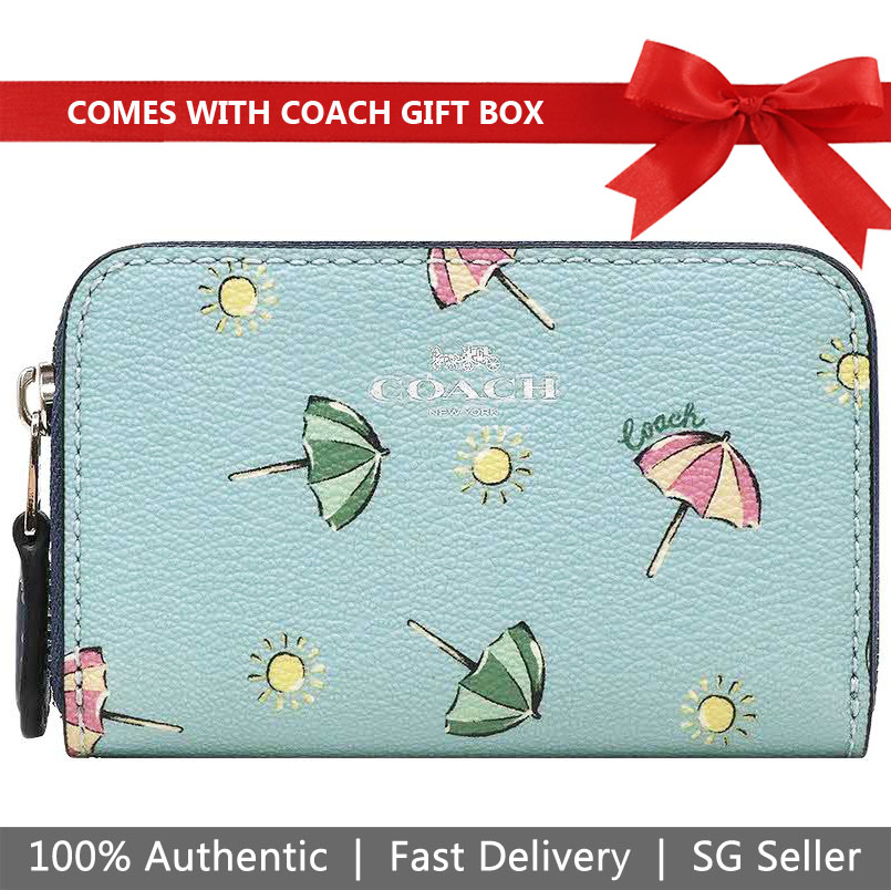 Coach Coin Case In Gift Box Small Zip Around Coin Case With Beach Umbrella Print Seafoam Blue # F73473