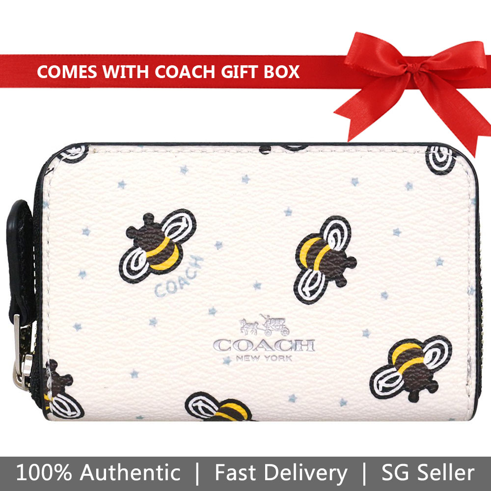 Coach Coin Case In Gift Box Zip Around Coin Case With Bee Print Chalk White # F25885