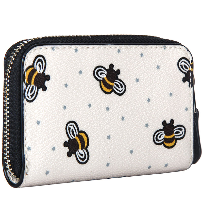 Coach Coin Case In Gift Box Zip Around Coin Case With Bee Print Chalk White # F25885