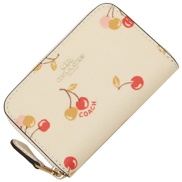 Coach Coin Case Zip Around With Cherry Print Chalk White / Gold # F31900