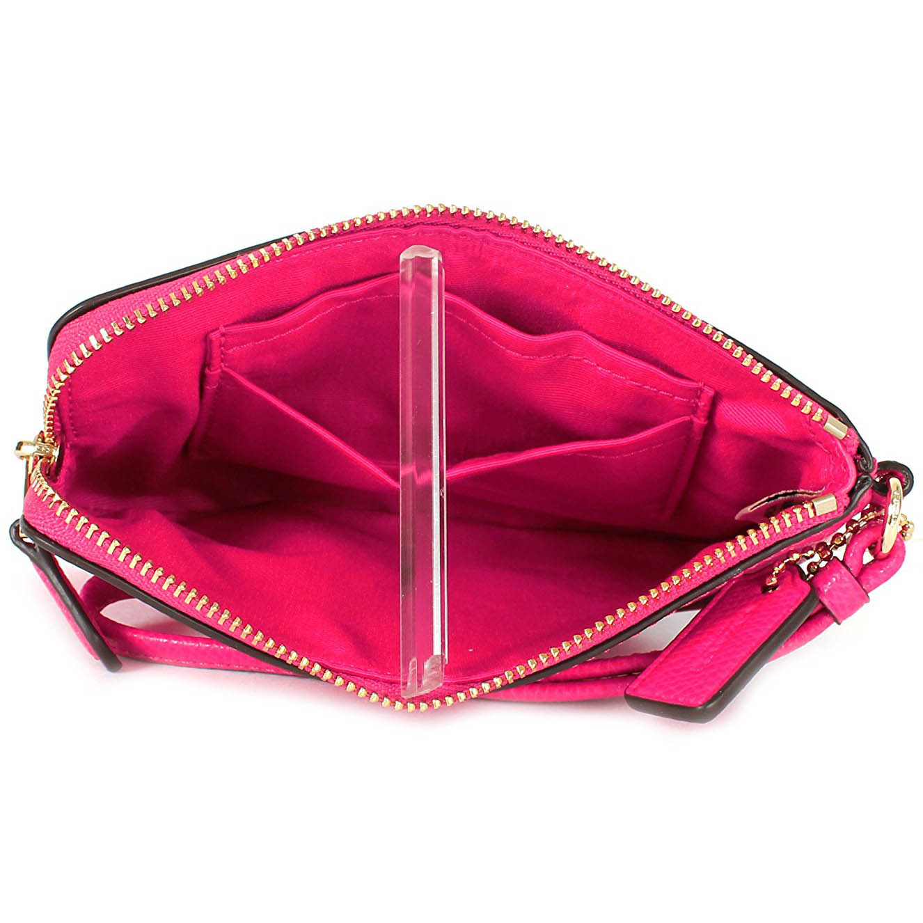 Coach Corner Zip Wristlet In Crossgrain Leather Pink Ruby / Gold # F54626