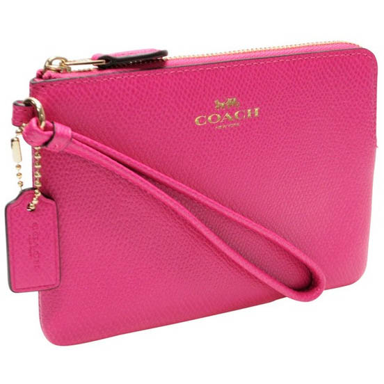 Coach Corner Zip Wristlet In Crossgrain Leather Pink Ruby / Gold # F54626