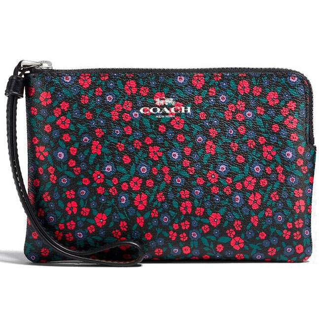 Coach Corner Zip Wristlet In Ranch Floral Print Coated Canvas Bright Red Black # F59551