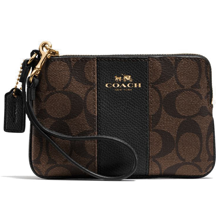 Coach Corner Zip Wristlet In Signature Coated Canvas With Leather Black / Brown # F64233
