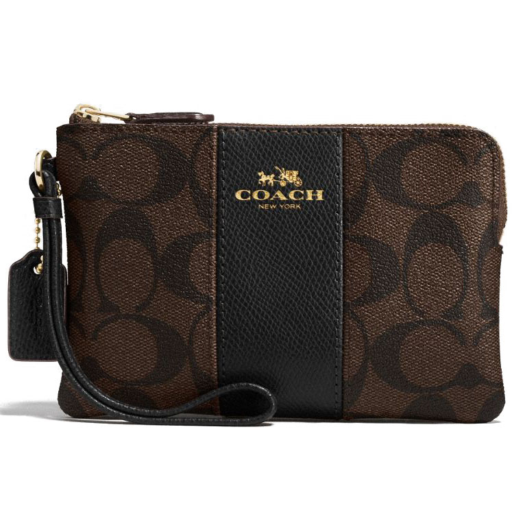 Coach Corner Zip Wristlet In Signature Coated Canvas With Leather Stripe Gold / Brown / Black # F54629