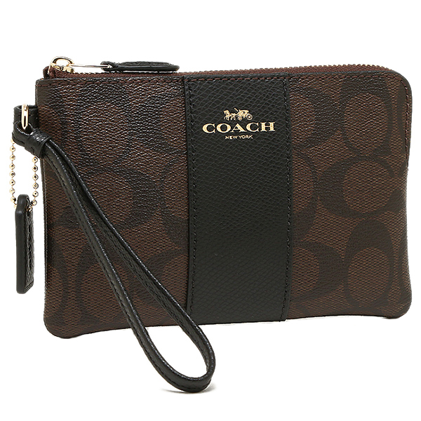 Coach Corner Zip Wristlet In Signature Coated Canvas With Leather Stripe Gold / Brown / Black # F54629