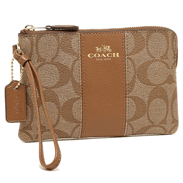 Coach Corner Zip Wristlet In Signature Coated Canvas With Leather Stripe Gold / Khaki / Saddle Brown # F54629