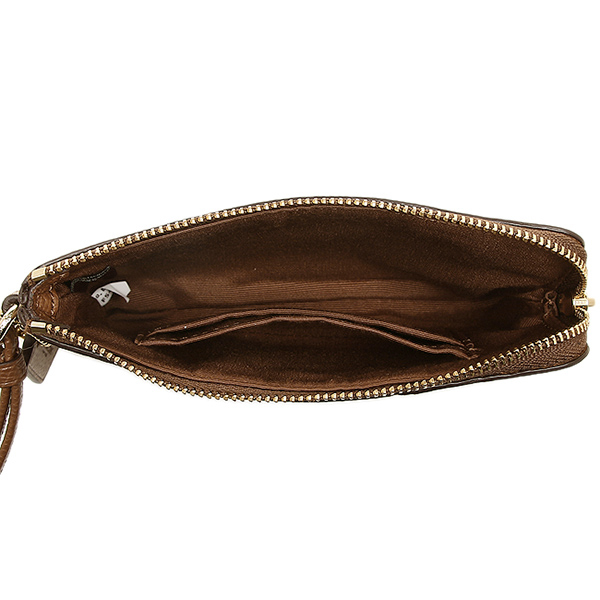 Coach Corner Zip Wristlet In Signature Coated Canvas With Leather Stripe Gold / Khaki / Saddle Brown # F54629