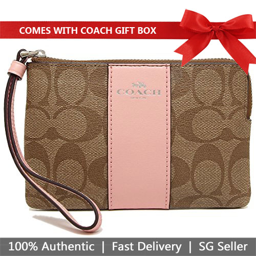 Coach Corner Zip Wristlet In Signature Coated Canvas With Leather Stripe Khaki / Blush Pink / Silver # F58035