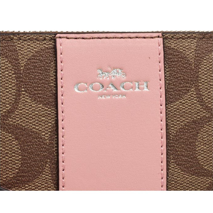 Coach Corner Zip Wristlet In Signature Coated Canvas With Leather Stripe Khaki / Blush Pink / Silver # F58035