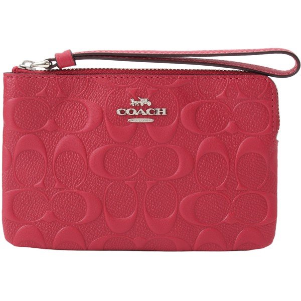 Coach Corner Zip Wristlet In Signature Leather Silver / Hot Pink # F30049