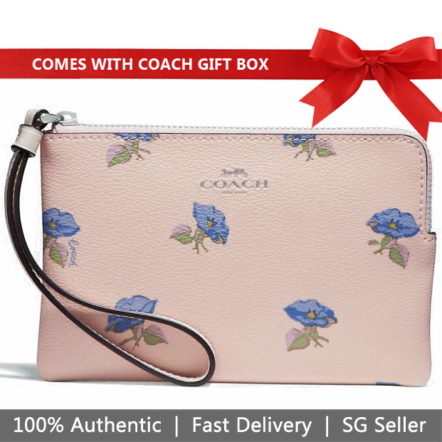 Coach Corner Zip Wristlet With Bell Flower Print Pink # F73599