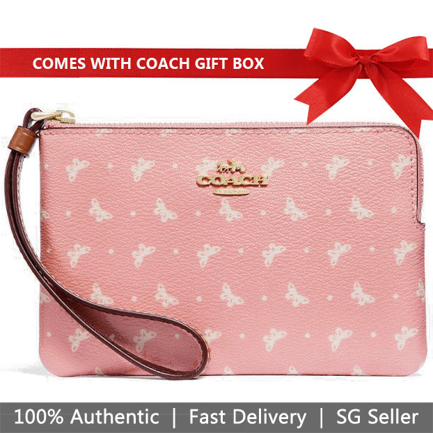 Coach Corner Zip Wristlet With Butterfly Dot Print Blush Pink / Chalk White / Gold # F31244