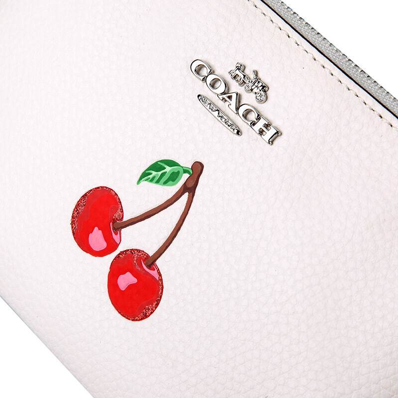 Coach Small Wristlet Corner Zip Wristlet With Cherry Motif Chalk Cream Off-White # F28384