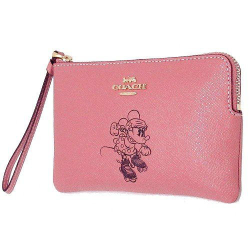 Coach Corner Zip Wristlet With Minnie Mouse Motif Vintage Pink / Light Gold # F30004
