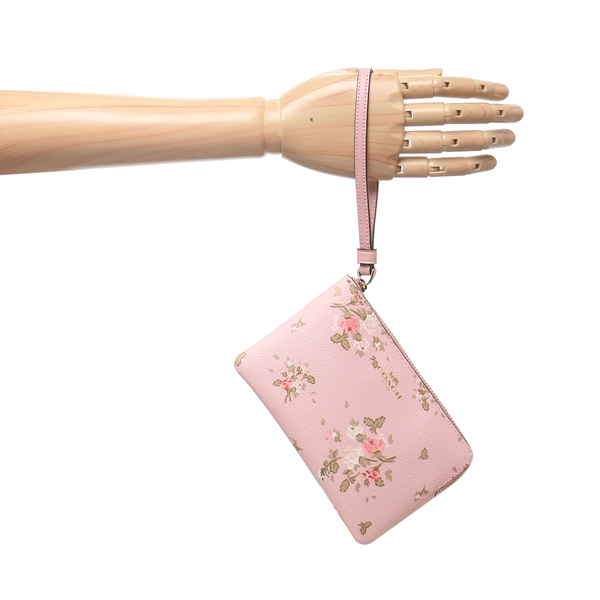 Coach Corner Zip Wristlet With Rose Bouquet Print Blossom Multi Pink # 91781