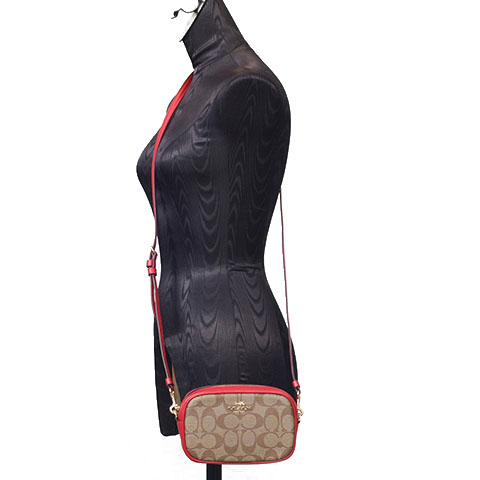 Coach Crossbody Bag In Gift Box Convertible Belt Bag In Signature Canvas Khaki / True Red / Gold # F39657