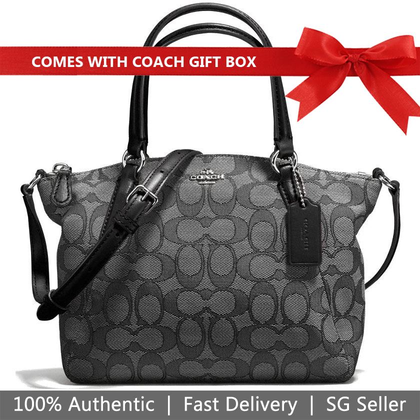 Coach Crossbody Bag In Gift Box Mini Kelsey Satchel In Outline Signature Black Smoke / Black / Silver # F57830