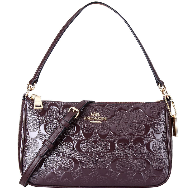 Coach Crossbody Bag Top Handle Pouch In Signature Debossed Patent Leather Oxblood Dark Red / Gold # F56518