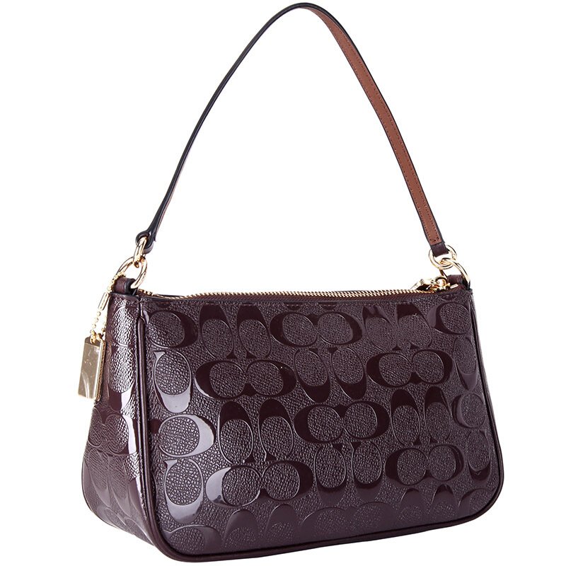 Coach Crossbody Bag Top Handle Pouch In Signature Debossed Patent Leather Oxblood Dark Red / Gold # F56518