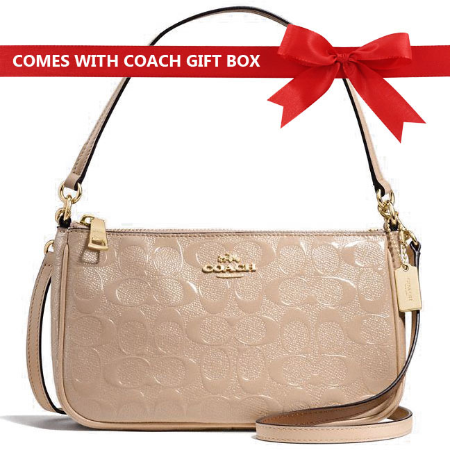 Coach Crossbody Bag Top Handle Pouch In Signature Debossed Patent Leather Platinum Beige Nude / Gold # F56518