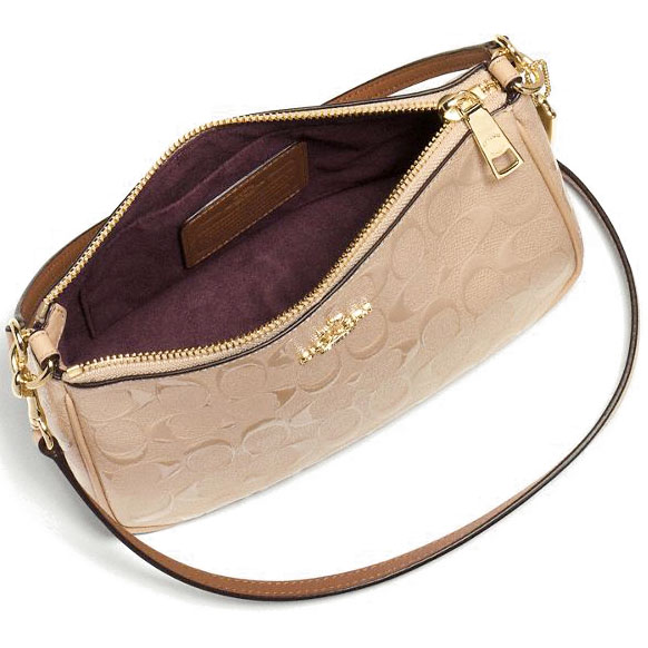 Coach Crossbody Bag Top Handle Pouch In Signature Debossed Patent Leather Platinum Beige Nude / Gold # F56518