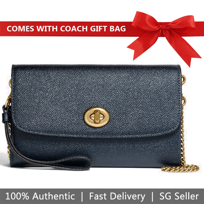 Coach Crossbody Bag With Gift Bag Chain Crossbody Metallic Denim Blue / Gold # F22828