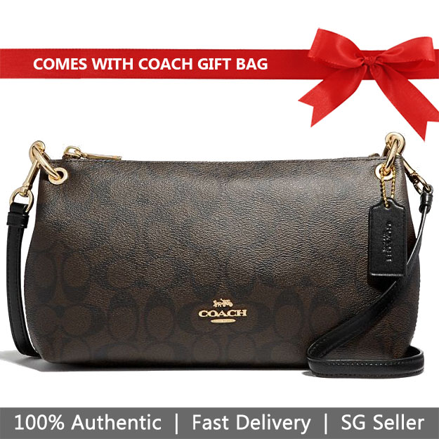 Coach Crossbody Bag With Gift Bag Charley Crossbody In Signature Canvas Brown Black # F39087