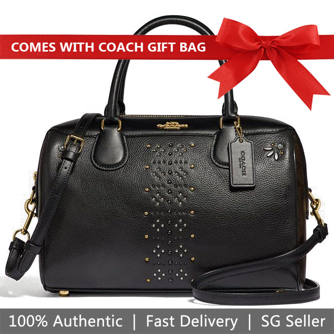 Coach Crossbody Bag With Gift Bag Large Bennett Satchel In Signature Canvas With Rivets Brown Black / Gold # F31429