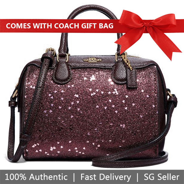 Coach Crossbody Bag With Gift Bag Micro Bennett Satchel With Heart Glitter Raspberry Red / Gold # F38063